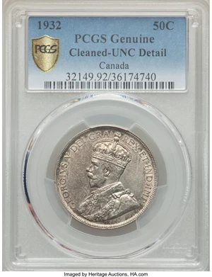 image for: George V 50 Cents 1932 UNC Details (Cleaned) PCGS