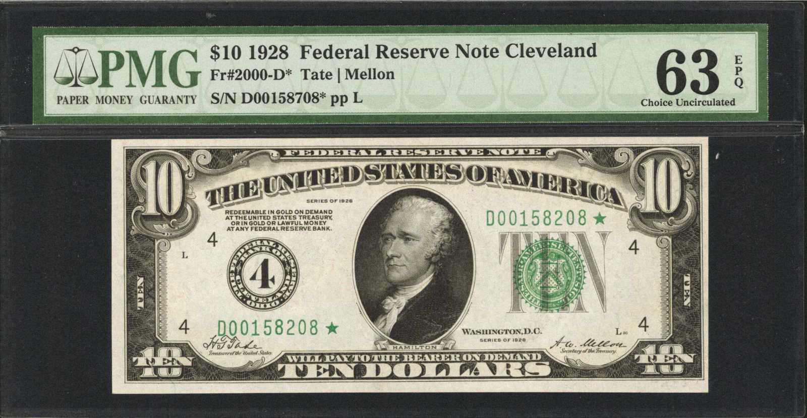 image for: Fr. 2000-D*. 1928 $10 Federal Reserve Star Note Cleveland. PMG Choice Uncirculated 63 EPQ