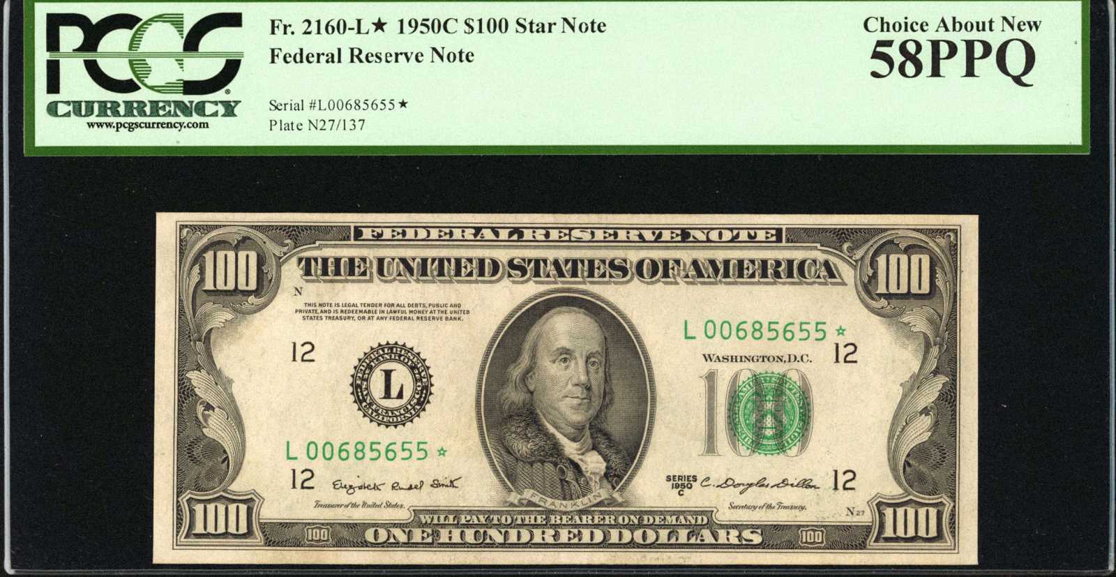image for: Fr. 2160-L*. 1950C $100 Federal Reserve Star Note San Francisco. PCGS Choice About New 58 PPQ.