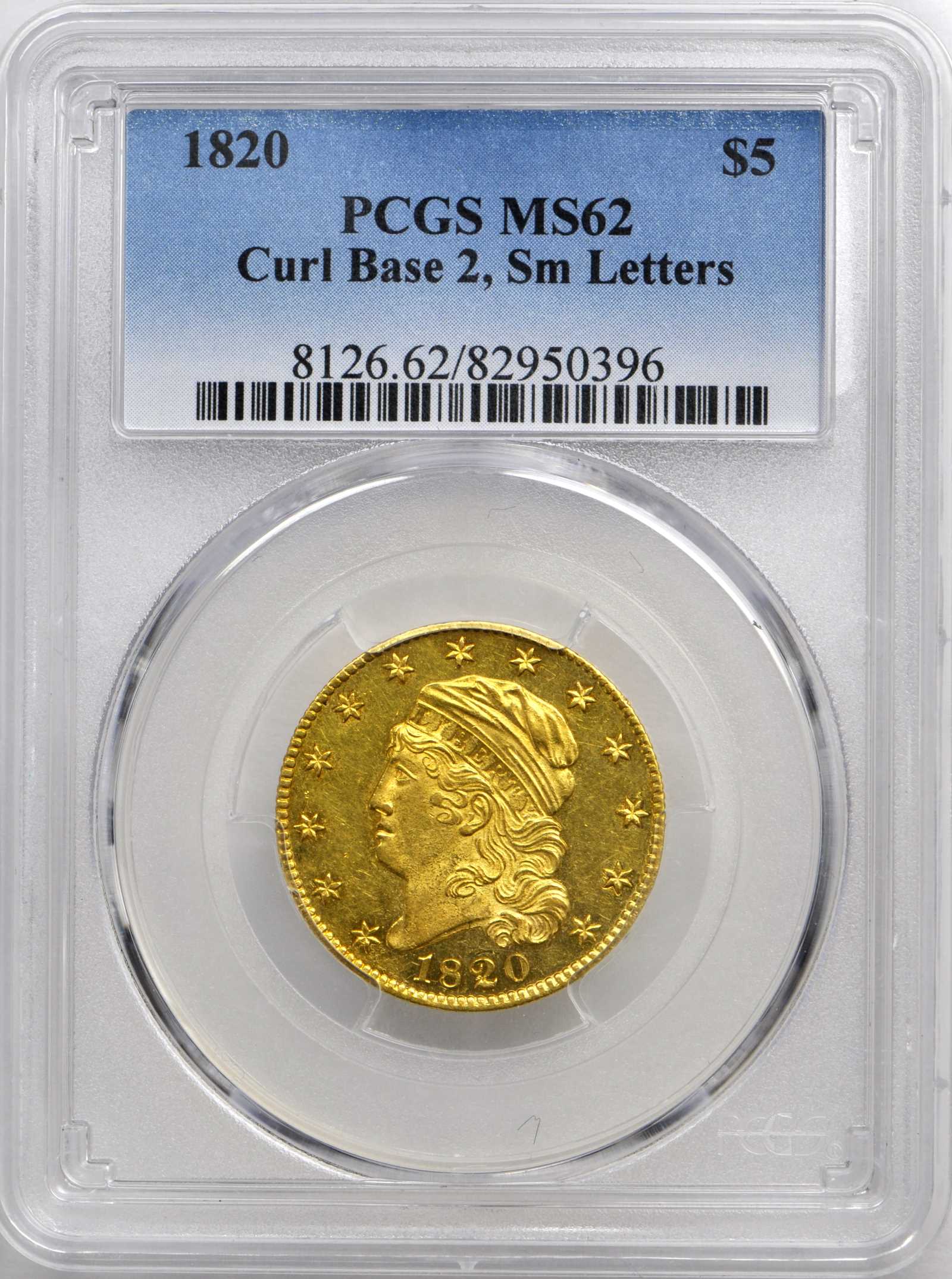 image for: 1820 Capped Head Left Half Eagle. BD-8. Rarity-7+. Curved-Base 2, Small Letters. MS-62 (PCGS).