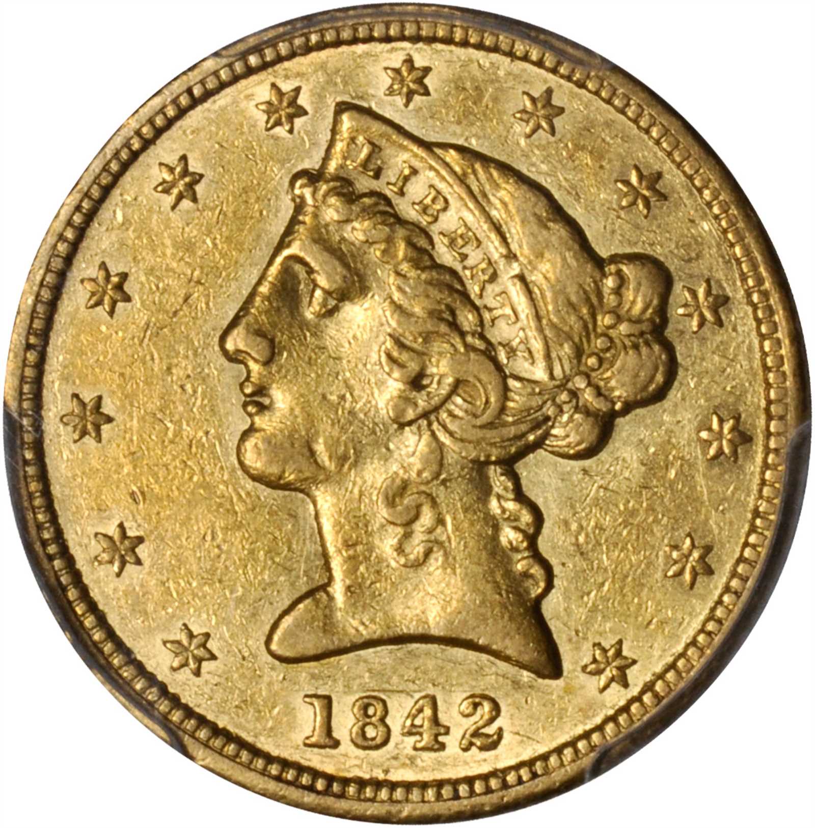 image for: 1842 Liberty Half Eagle. Large Letters. AU-50 (PCGS).