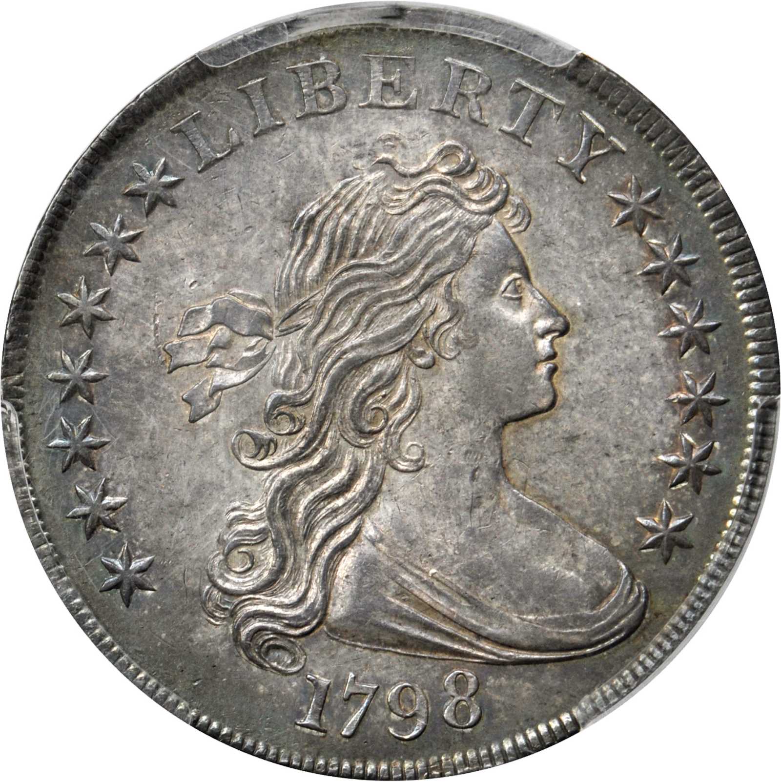 1798 Draped Bust Silver Dollar. Heraldic Eagle. BB-113, B-27. Rarity-2. Pointed 9, Close Date. MS-61 (PCGS).