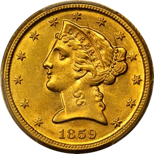 image for: 1859-D Liberty Half Eagle. Medium D. MS-61 (PCGS).