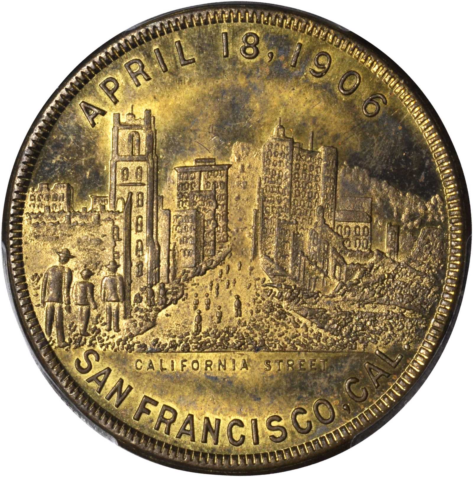 image for: 1906 San Francisco Earthquake and Fire. Type I. Brass. 36 mm. HK-341. Rarity-6. MS-63 (PCGS).