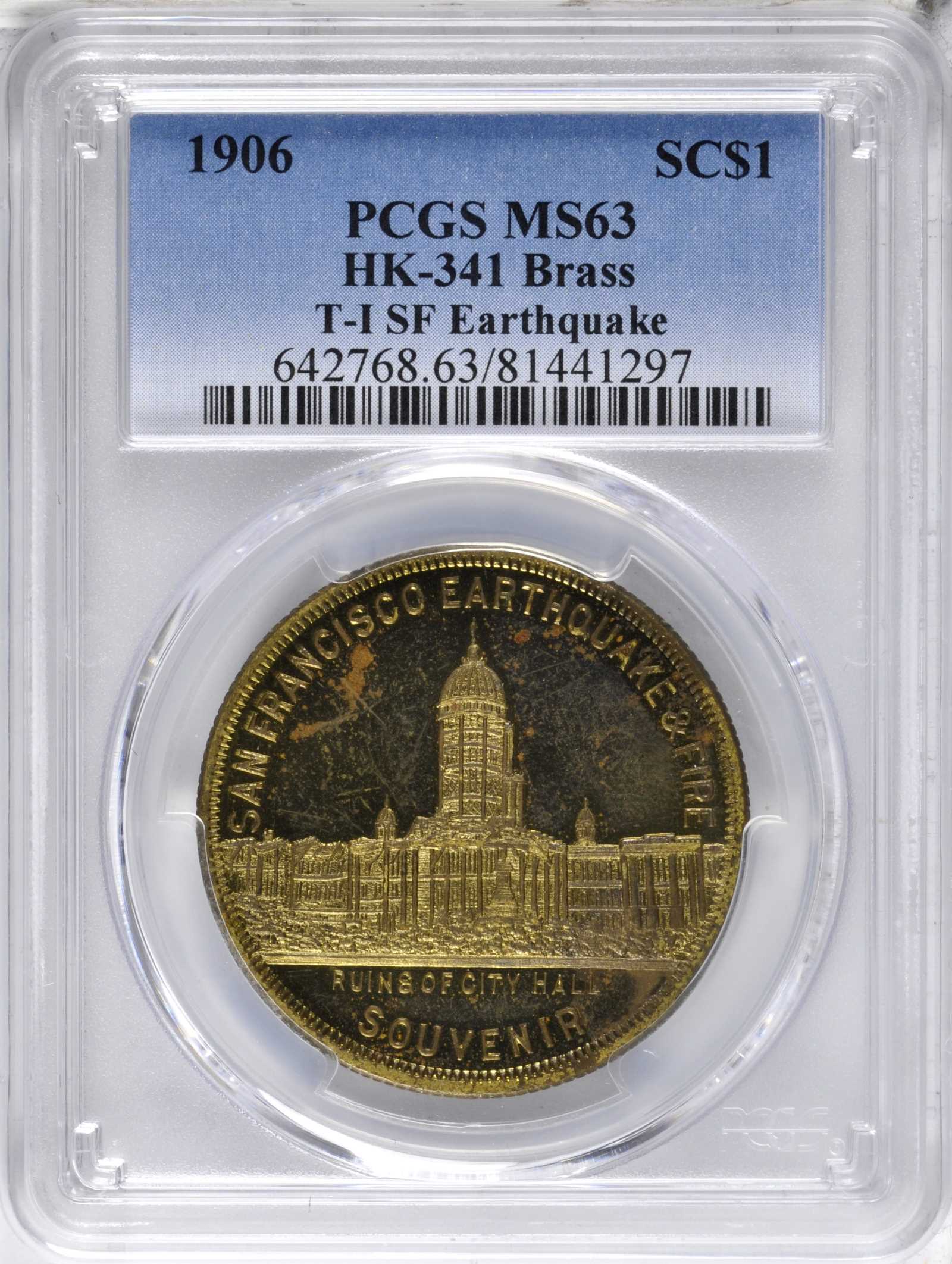 image for: 1906 San Francisco Earthquake and Fire. Type I. Brass. 36 mm. HK-341. Rarity-6. MS-63 (PCGS).
