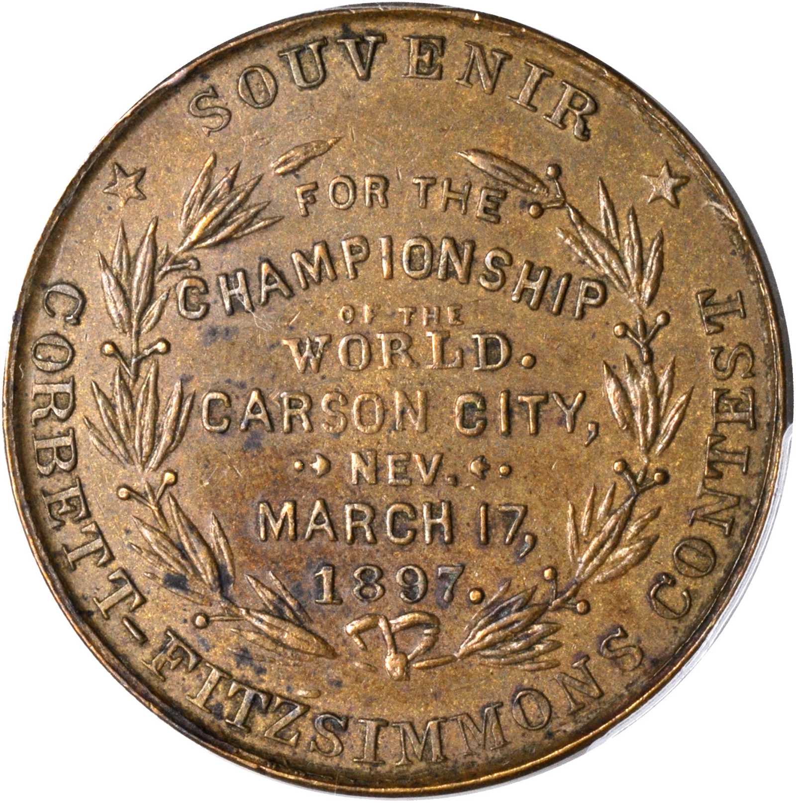 image for: 1897 Corbett-Fitzsimmons Boxing Bout. Type I--Corbett Dollar. Brass. 33 mm. HK-276. Rarity-6. MS-62 (PCGS).