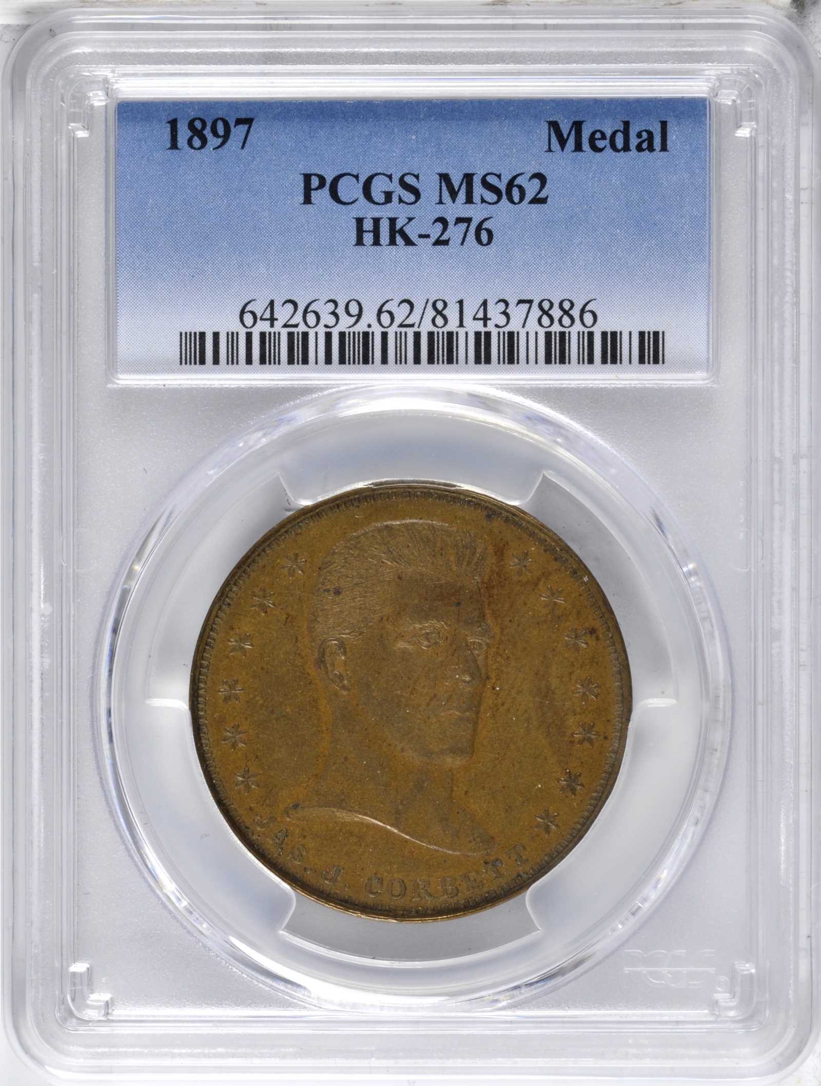 image for: 1897 Corbett-Fitzsimmons Boxing Bout. Type I--Corbett Dollar. Brass. 33 mm. HK-276. Rarity-6. MS-62 (PCGS).