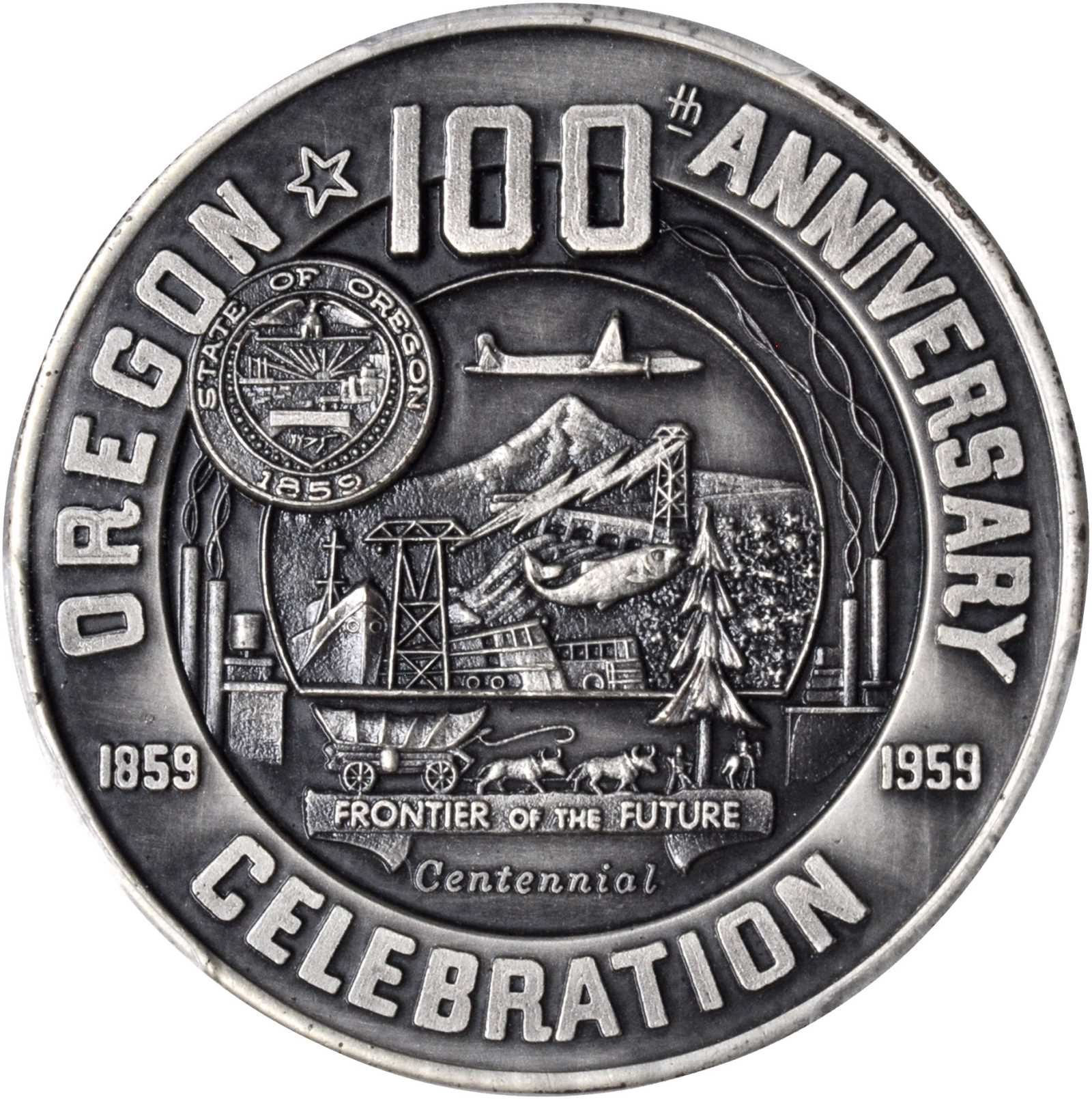 image for: 1959 Oregon Statehood Centennial. Buchanan-Eisenhower Dollar. Antiqued Silver. 33 mm. HK-553. Rarity-6. MS-65 (PCGS).