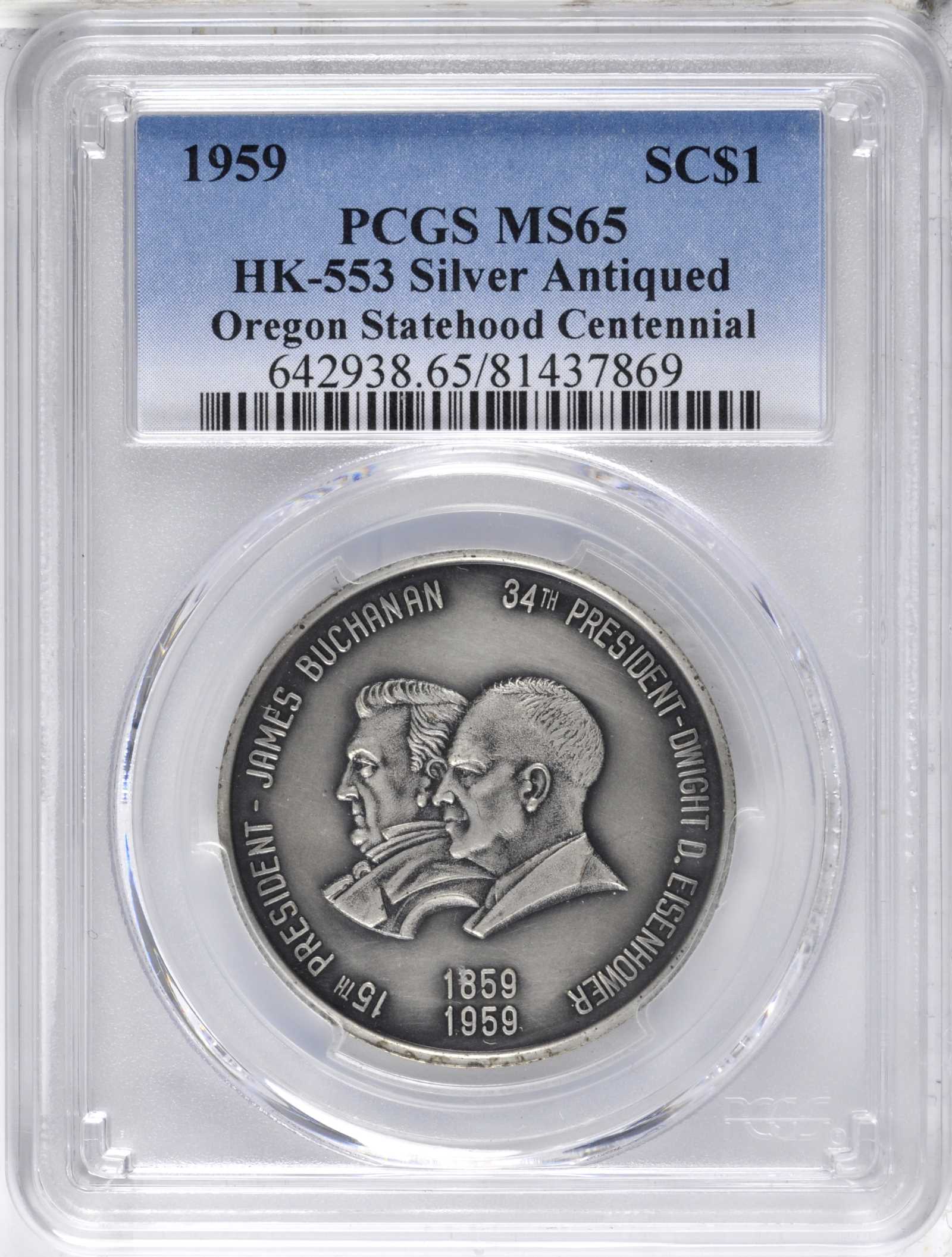 image for: 1959 Oregon Statehood Centennial. Buchanan-Eisenhower Dollar. Antiqued Silver. 33 mm. HK-553. Rarity-6. MS-65 (PCGS).