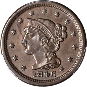 image for: 1846 Braided Hair Cent. N-7. Rarity-2. Small Date. Unc Details--Cleaning (PCGS).