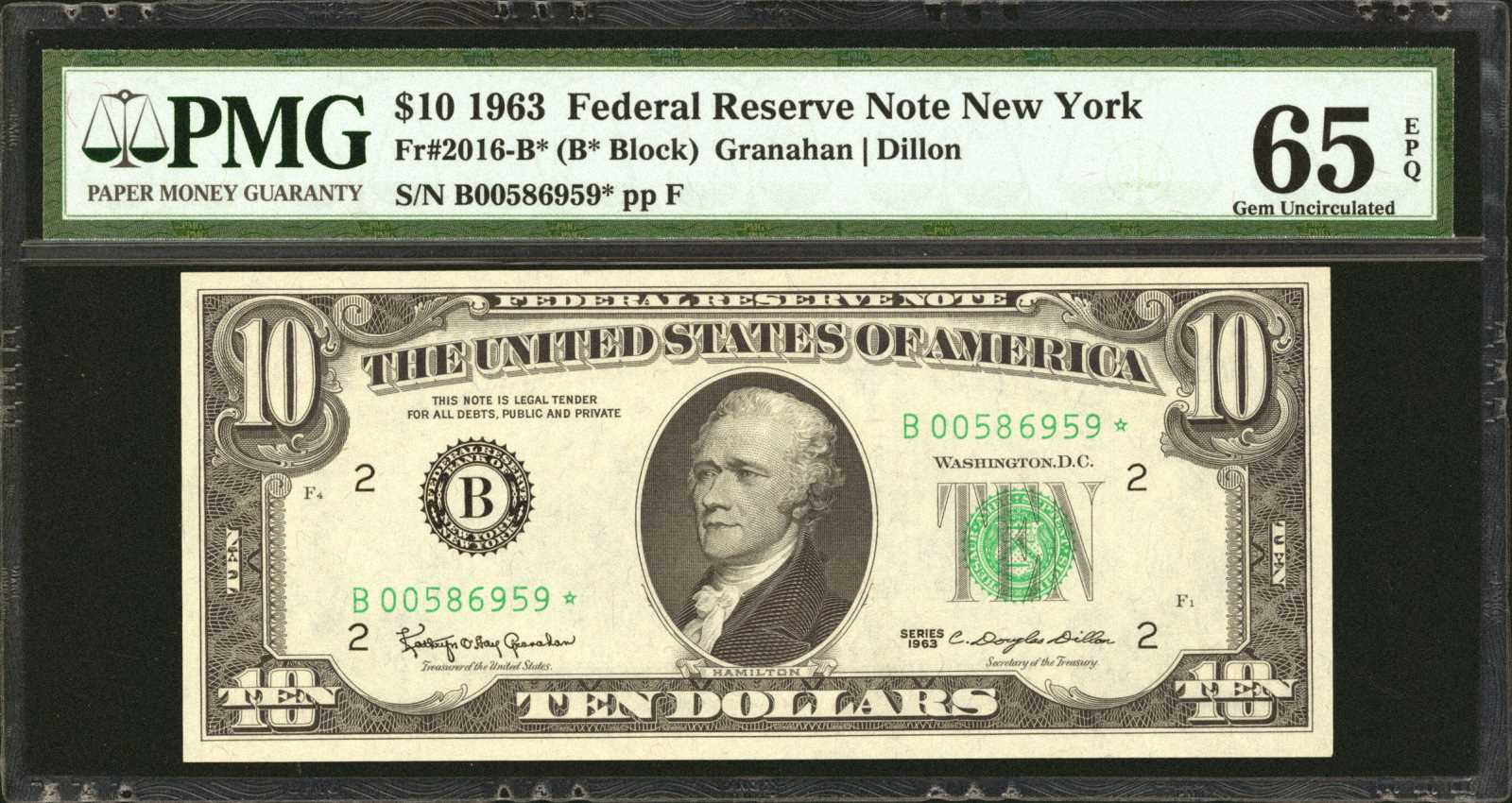 image for: Fr. 2016-B*. 1963 $10  Federal Reserve Note.  New York. PMG Gem Uncirculated 65 EPQ.