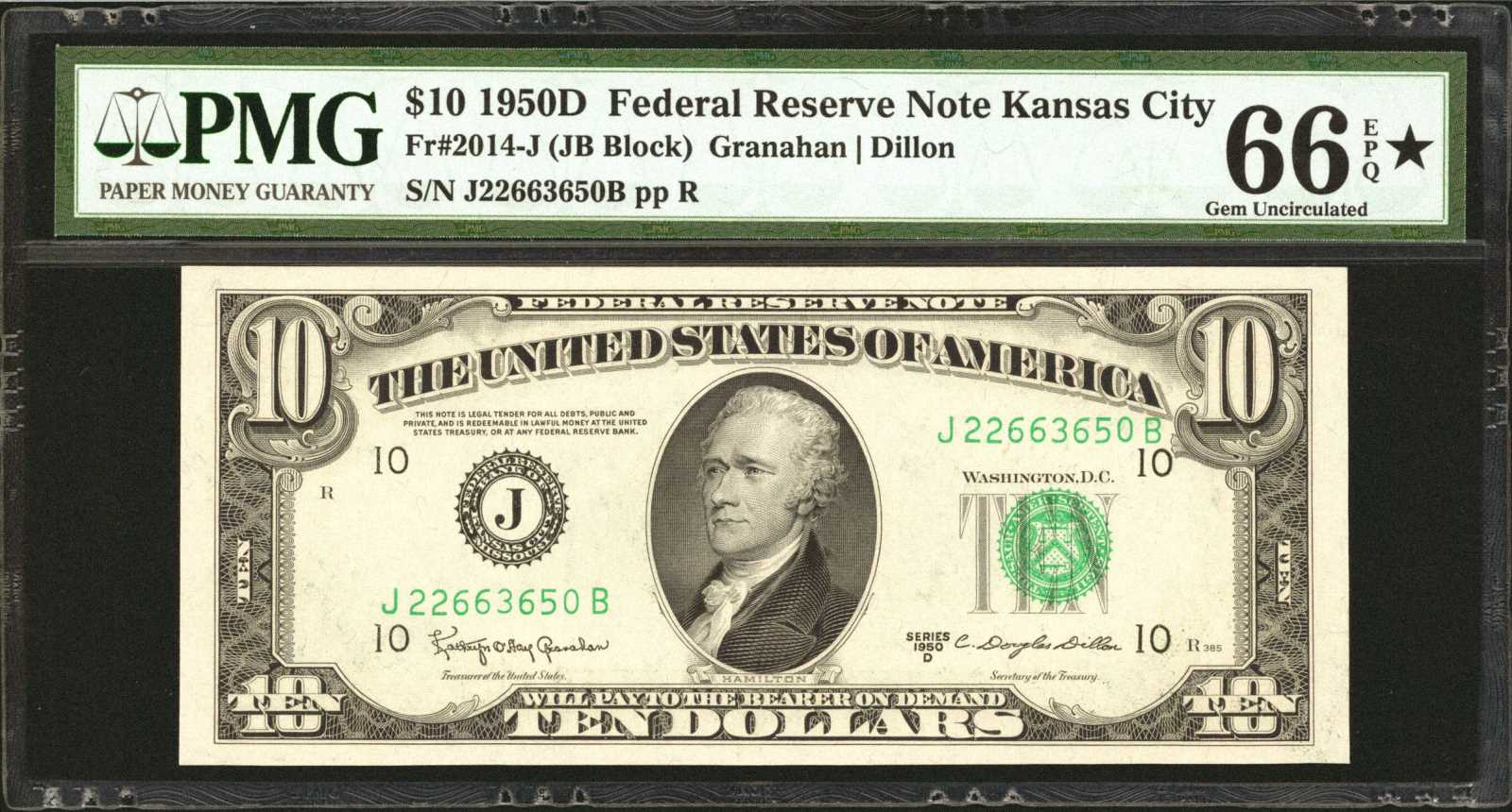 image for: Fr. 2014-J. 1950D $10  Federal Reserve Note. PMG Gem Uncirculated 66 EPQ.