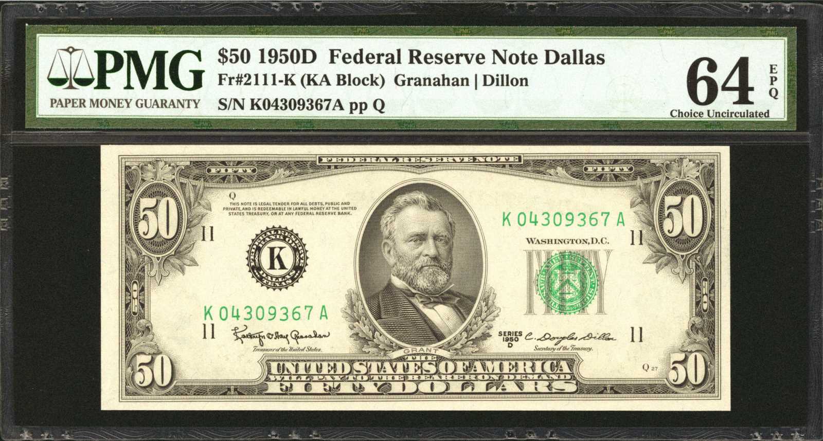 image for: Fr. 2111-K. 1950D $50  Federal Reserve Note.  Dallas. PMG Choice Uncirculated 64 EPQ.
