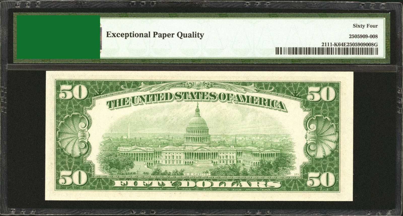 image for: Fr. 2111-K. 1950D $50  Federal Reserve Note.  Dallas. PMG Choice Uncirculated 64 EPQ.