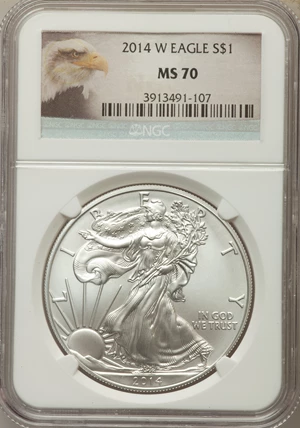 image for: 2014-W $1 Silver Eagle, Burnished, MS70 NGC. NGC Census: (4583). PCGS Population: (940)....