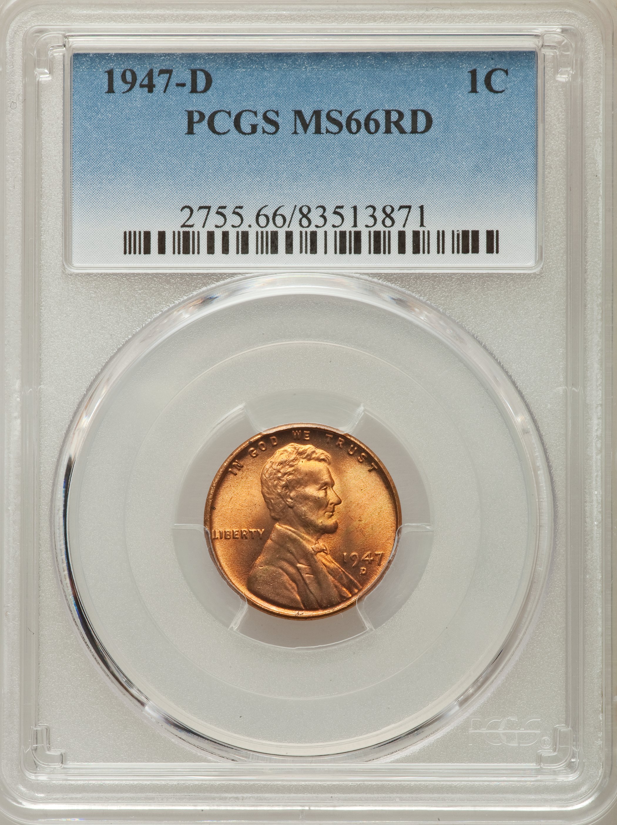 (3)1947-D 1C MS66 Red PCGS. PCGS Population: (1485/109). NGC Census: (1532/189). Mintage 194,750,000.... (Total: 3 item)