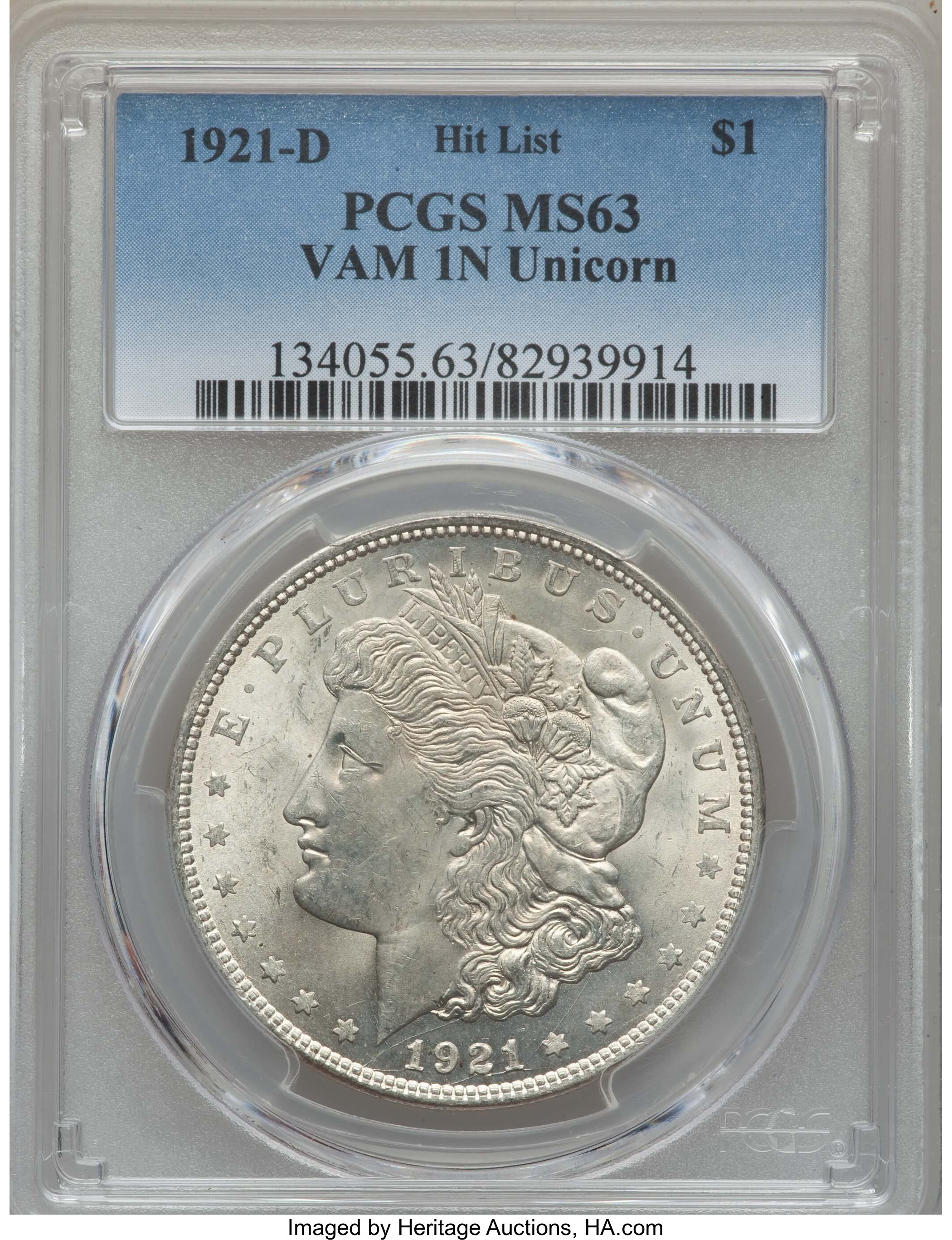 1921-D $1 Unicorn, VAM-1N, MS63 PCGS. Hit List. PCGS Population: (8/17). NGC Census: (0/0). ...