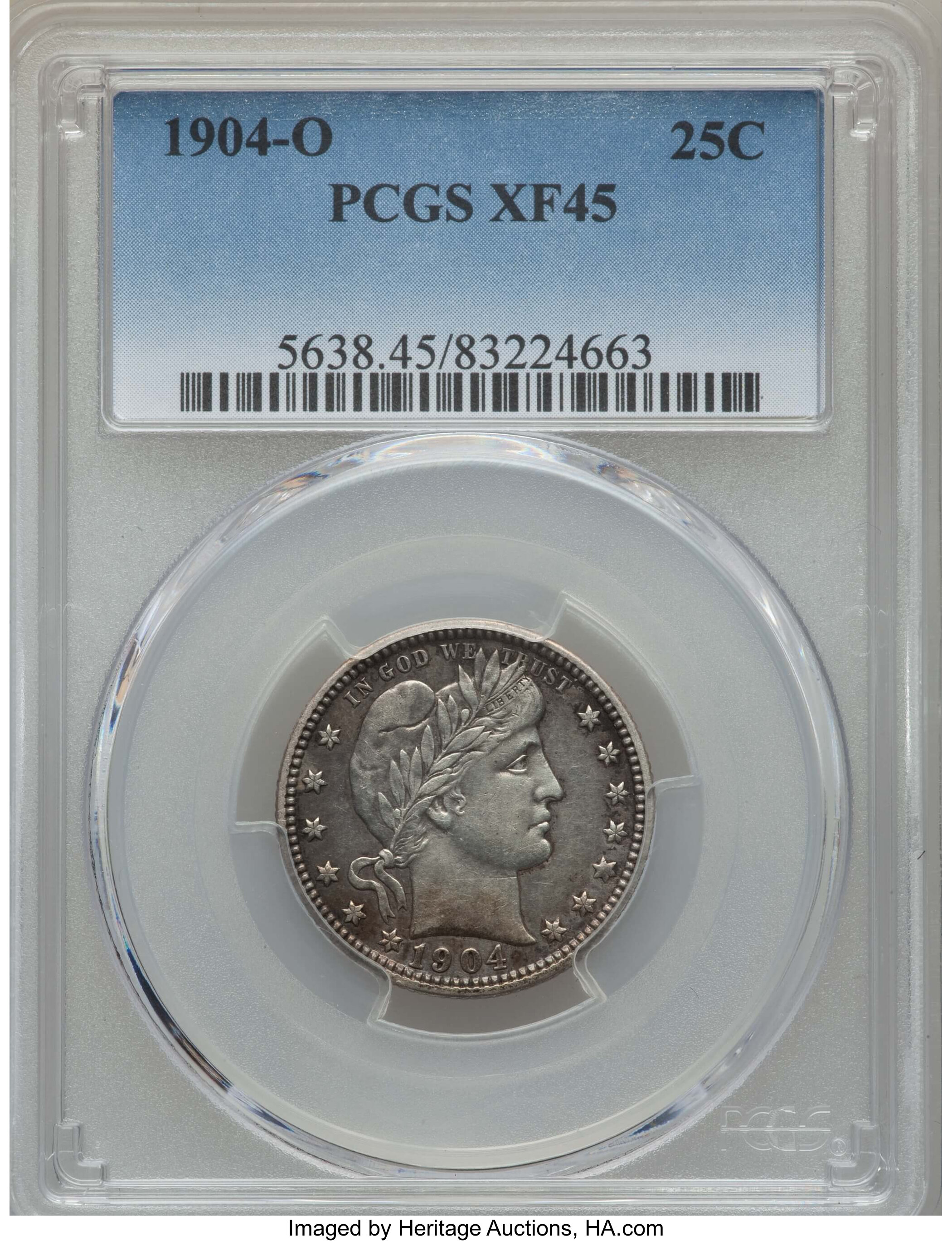 1904-O 25C XF45 PCGS. PCGS Population: (17/118). NGC Census: (8/89). Mintage 2,456,000. ...