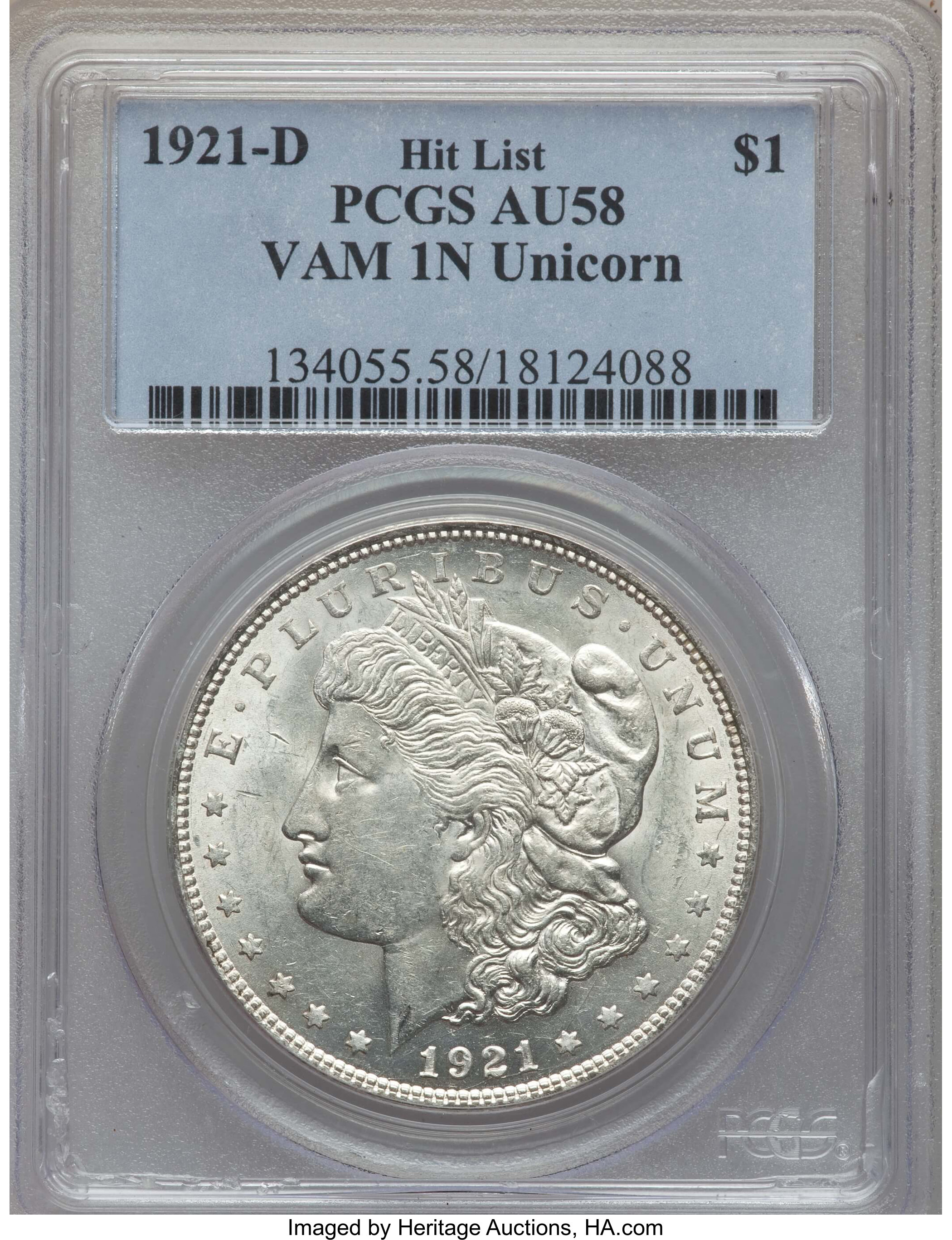 1921-D $1 Unicorn, VAM-1N, AU58 PCGS. Hit List. PCGS Population: (16/40). NGC Census: (0/0)....