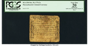 image for: Massachusetts October 18, 1776 2s PCGS Apparent Very Fine 20....