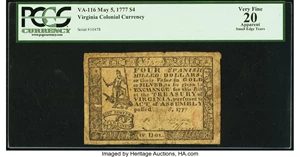 image for: Virginia May 5, 1777 $4 PCGS Apparent Very Fine 20....