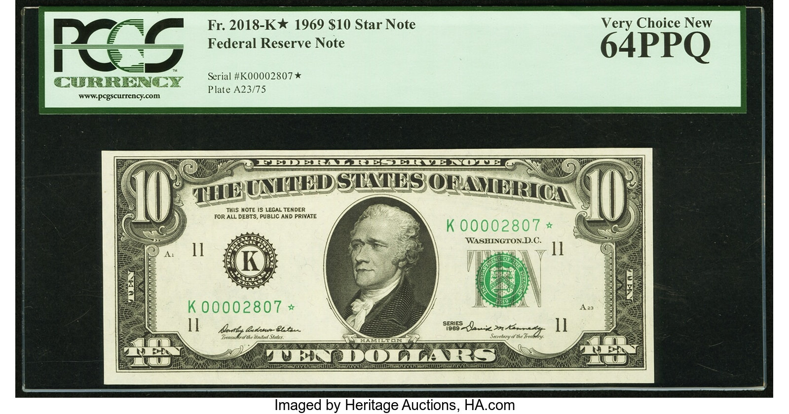 image for: Low Serial Number K00002807* Fr. 2018-K* $10 1969 Federal Reserve Star Note. PCGS Very Choice New 64PPQ....