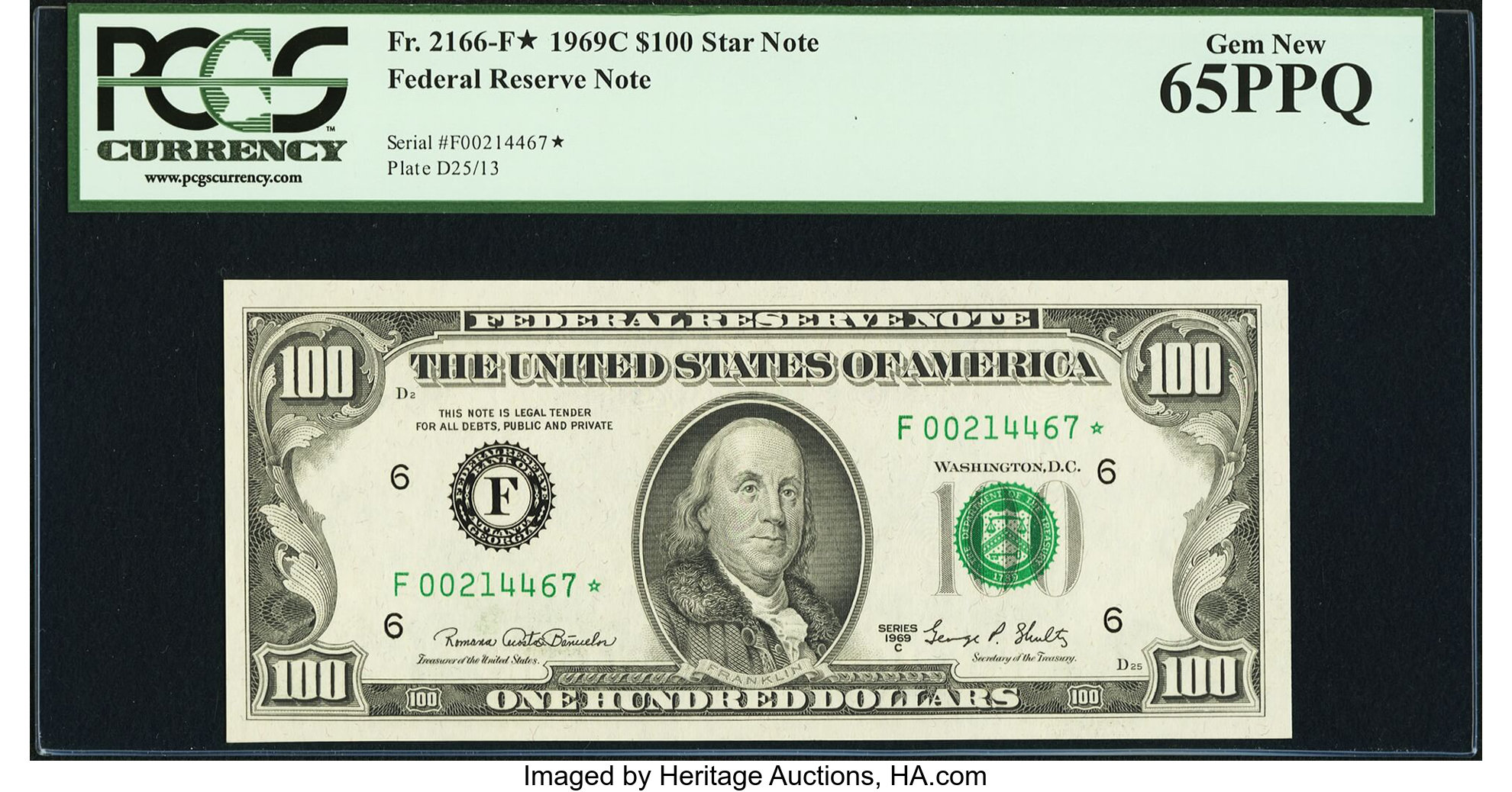 image for: Fr. 2166-F* $100 1969C Federal Reserve Note. PCGS Gem New 65PPQ....