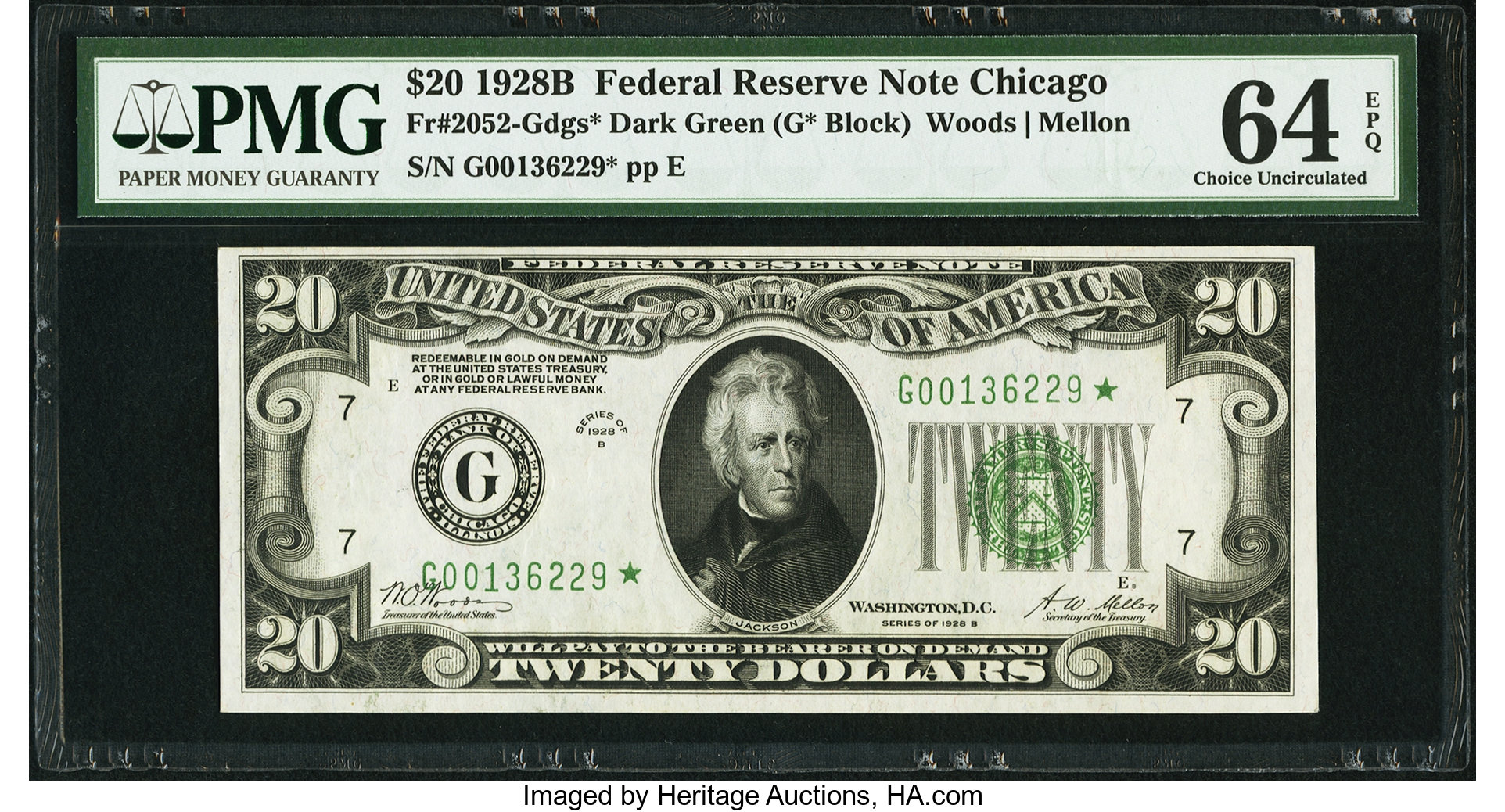 image for: Fr. 2052-G* $20 1928B Federal Reserve Note. PMG Choice Uncirculated 64 EPQ....