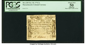 image for: Massachusetts October 18, 1776 2s PCGS Apparent About New 50....