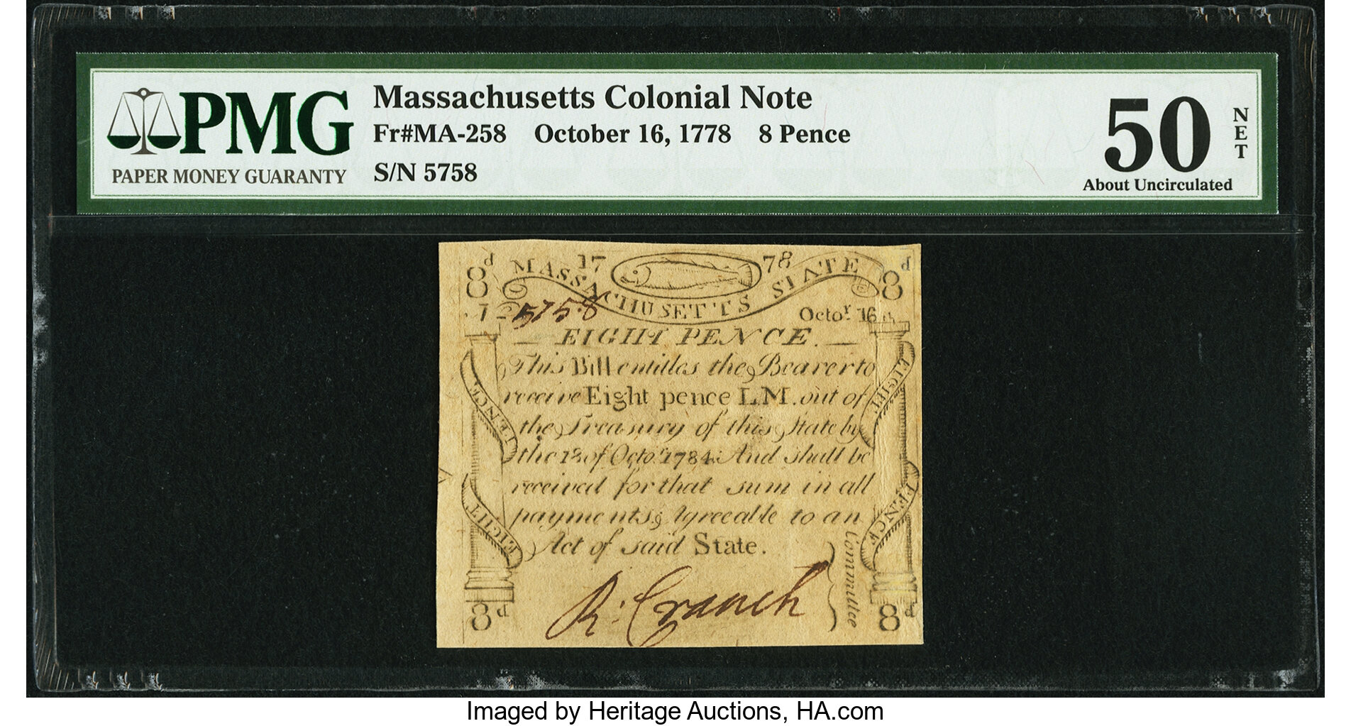 image for: Massachusetts October 16, 1778 8d PMG About Uncirculated 50 Net....