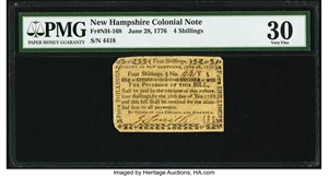 image for: New Hampshire June 28, 1776 4s PMG Very Fine 30....