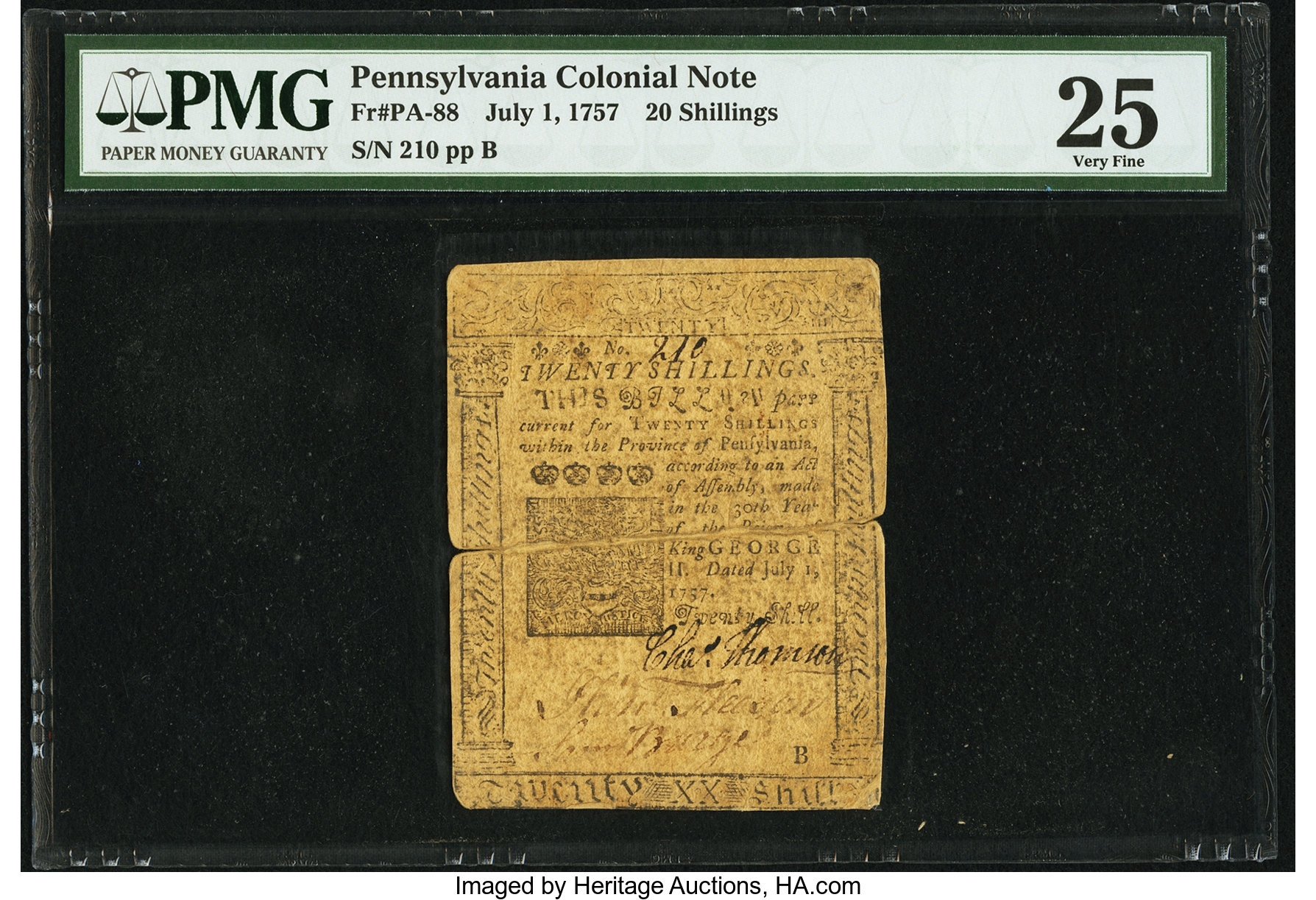 image for: Pennsylvania July 1, 1757 20s PMG Very Fine 25....
