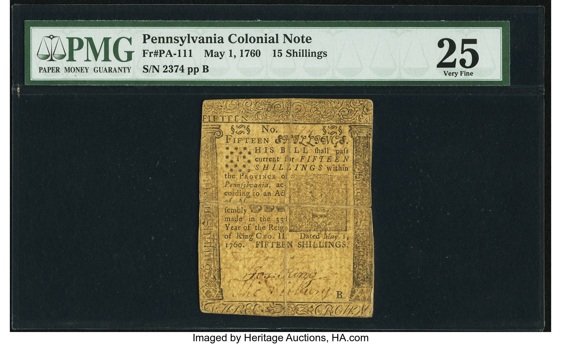 image for: Pennsylvania May 1, 1760 15s PMG Very Fine 25....