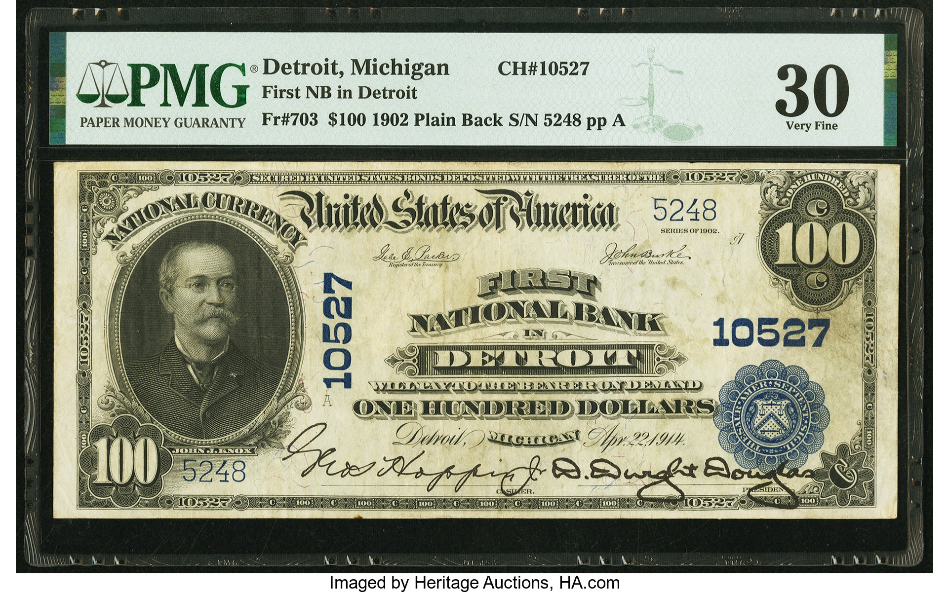 image for: Detroit, MI - $100 1902 Plain Back Fr. 703 First National Bank Ch. # 10527 PMG Very Fine 30....