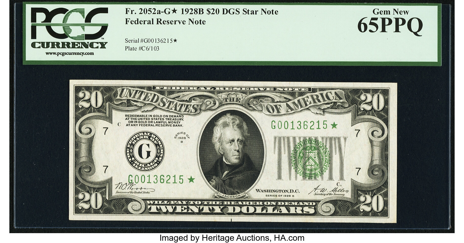 image for: Fr. 2052-G* $20 1928B Federal Reserve Note. PCGS Gem New 65PPQ....