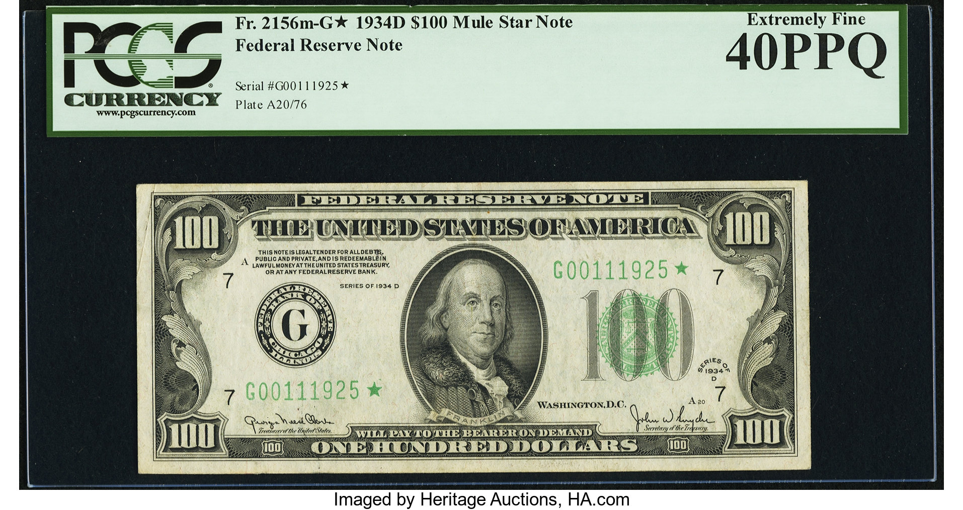 image for: Fr. 2156-G* $100 1934D Federal Reserve Note. PCGS Extremely Fine 40PPQ....