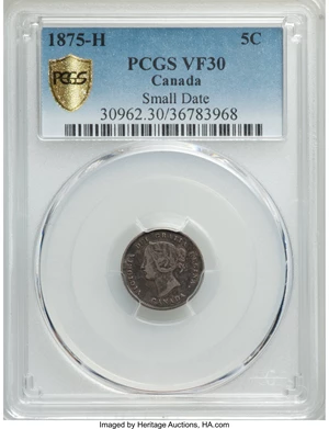 image for: Victoria "Small Date" 5 Cents 1875-H VF30 PCGS
