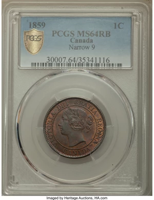 image for: Victoria "Narrow 9" Cent 1859 MS64 Red and Brown PCGS