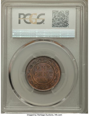 image for: Victoria "Narrow 9" Cent 1859 MS64 Red and Brown PCGS