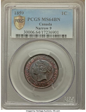 image for: Victoria "Narrow 9" Cent 1859 MS64 Brown PCGS