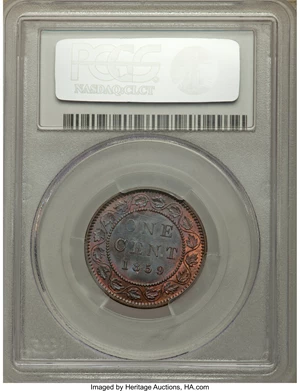 image for: Victoria "Narrow 9" Cent 1859 MS64 Brown PCGS
