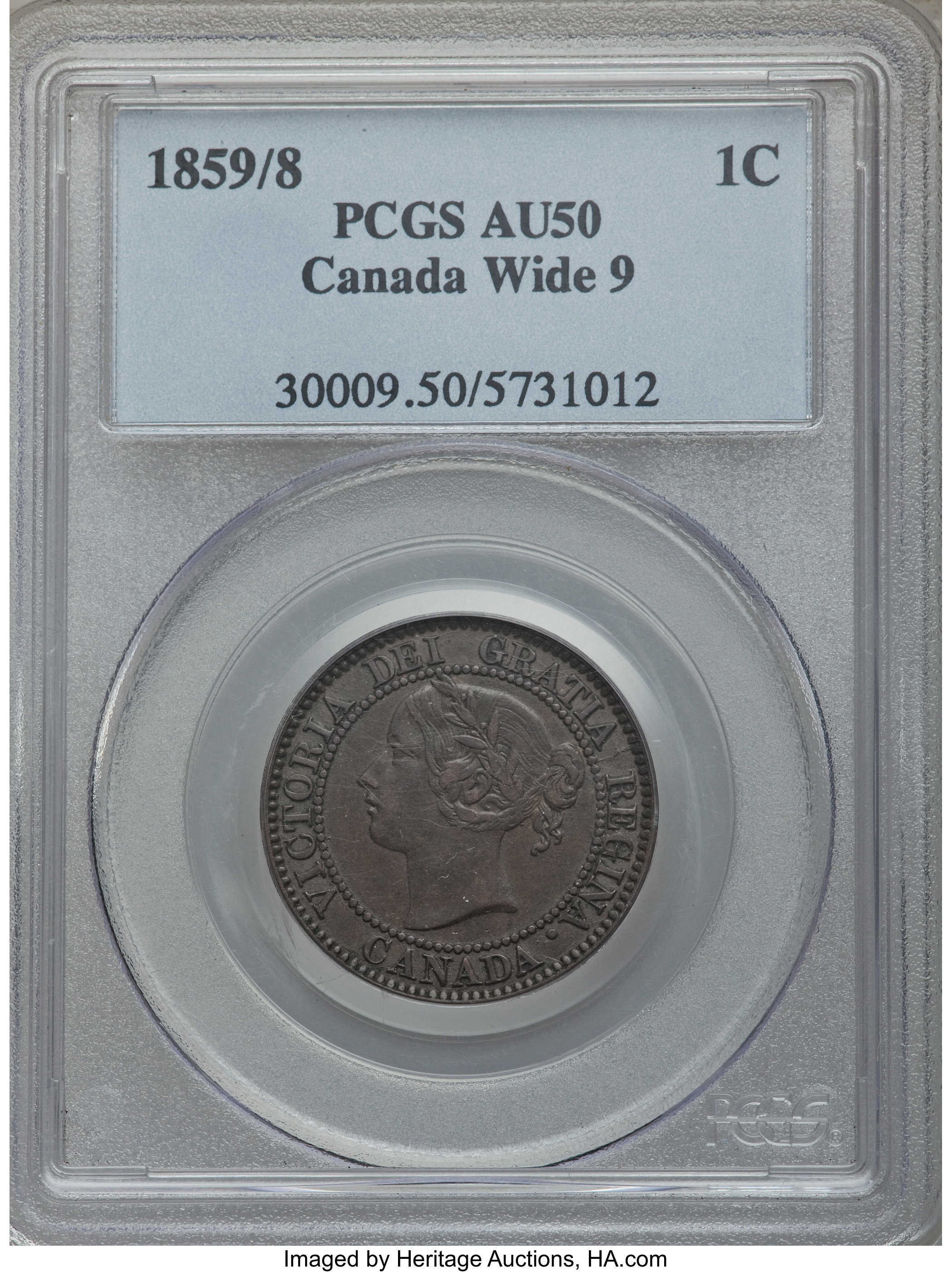 image for: Victoria "Wide 9" Cent 1859/8 AU50 PCGS