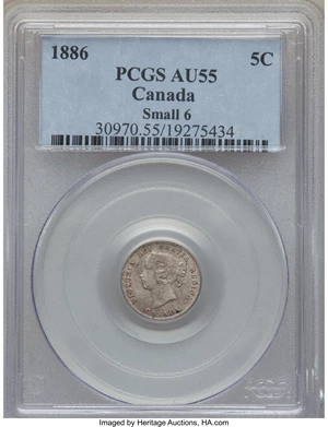 image for: Victoria "Small 6" 5 Cents 1886 AU55 PCGS