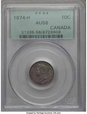 image for: Victoria 10 Cents 1874-H AU58 PCGS