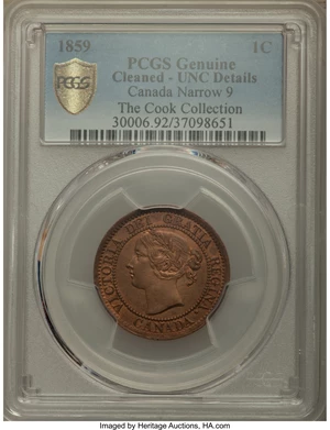 image for: Victoria "Narrow 9" Cent 1859 UNC Details (Cleaned) PCGS
