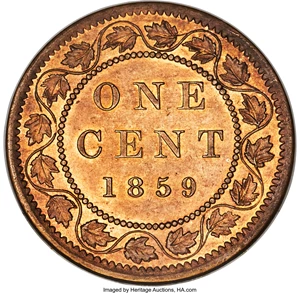 image for: Victoria "Narrow 9" Cent 1859 UNC Details (Cleaned) PCGS