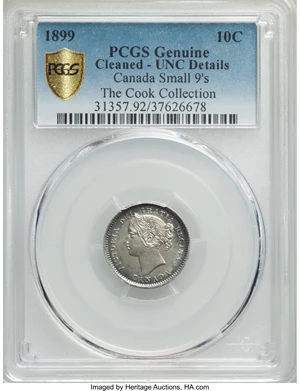 image for: Victoria "Small 9s" 10 Cents 1899 UNC Details (Cleaned) PCGS