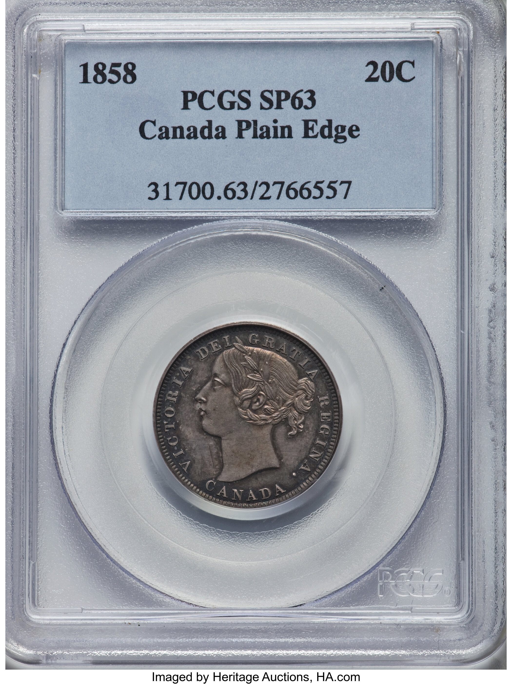 image for: Victoria "Plain Edge" Specimen 20 Cents 1858 SP63 PCGS