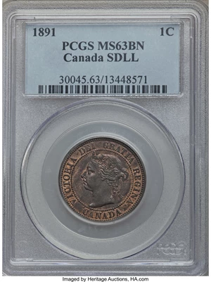 image for: Victoria "Small Date - Large Leaves" Cent 1891 MS63 Brown PCGS