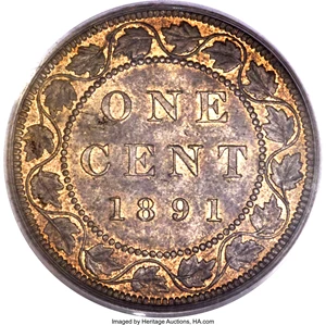 image for: Victoria "Small Date - Large Leaves" Cent 1891 MS63 Brown PCGS